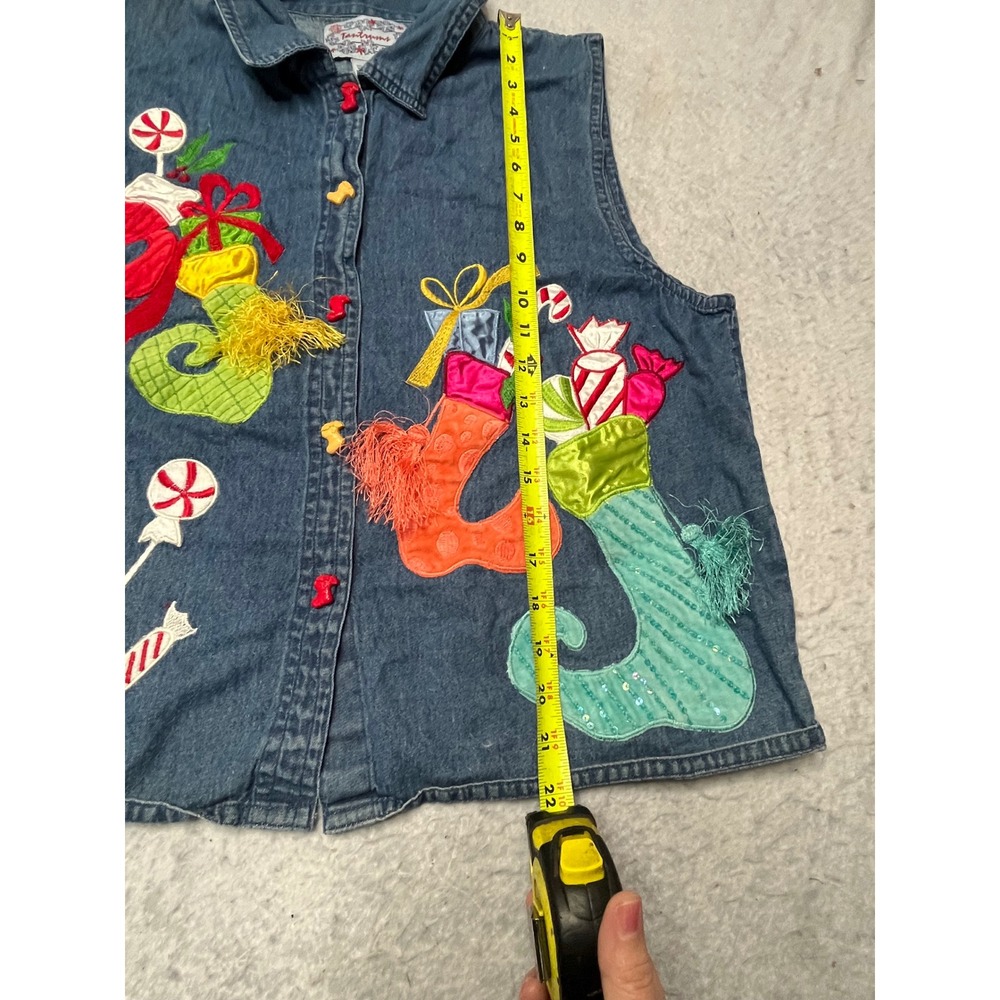 Tantrums Vintage Christmas Denim Vest Large Blue Stocking Candy Cane Applique - Picture 4 of 5